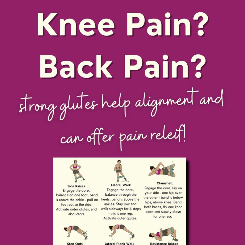 Title reads, "knee pain? back pain?" with a zoomed out picture of the PDF in this purchase.