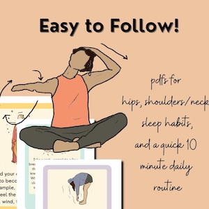 This is a collage picture, in the foreground is a women doing a seated yoga exercises (neck stretch and arm circles). In the background are colorful PDFs. Title reads, "easy to follow".