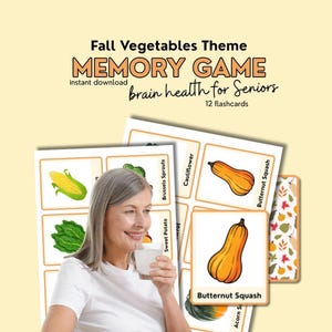 May include: A memory game with a fall vegetables theme. The game includes 12 flashcards with illustrations of vegetables like butternut squash and Brussels sprouts. The text on the cards reads "brain health for Seniors".
