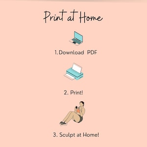 This informational slide shows how to print PDFs from Etsy: download from the computer, print at home, and image of a women doing a sit up.