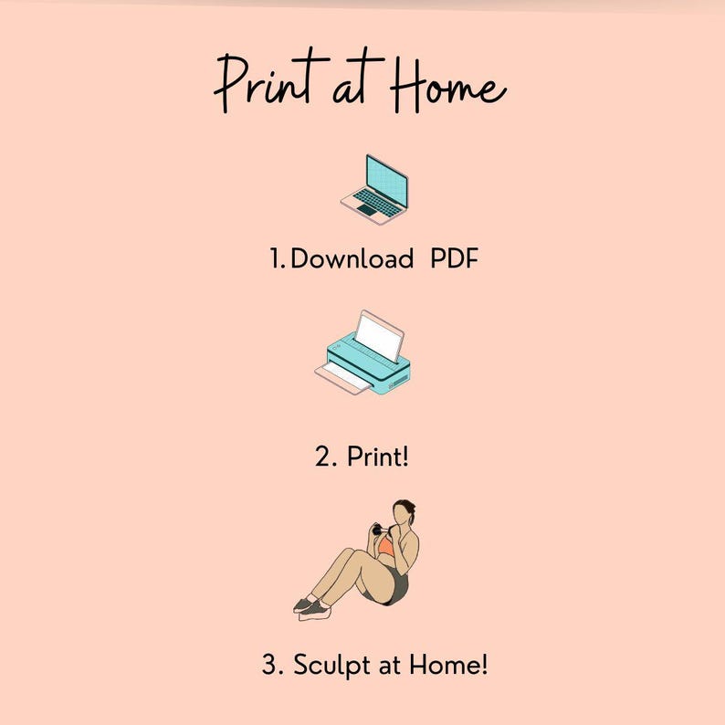 This informational slide shows how to print PDFs from Etsy: download from the computer, print at home, and image of a women doing a sit up.