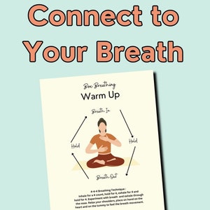 May include: A diagram illustrating a box breathing technique for a warm-up. The diagram depicts a person sitting in a meditative pose with their hands on their chest. The diagram includes arrows indicating the inhale, hold, exhale, and hold phases of the breathing technique. The text "Breath In", "Hold", "Breath Out", and "Hold" is written on the arrows. The text "4-4-4 Breathing Technique" is written below the diagram. The text "Inhale for a 4 count, hold for 4, exhale for 4 and hold for 4. Experiment with breath and exhale through the nose. Relax your shoulders, place on hand on the heart and on the tummy to feel the breath movement." is written below the text "4-4-4 Breathing Technique".