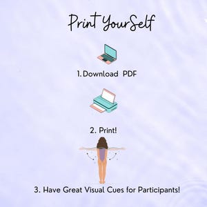 Light purple color with ripples that represent water or the texture of a pool. In the center of the slide is a simple banner with text that reads, print your self. Below the text is a visual flow chart of how customers can purchase on etsy - download PDF, print and have great visual cues for participants.