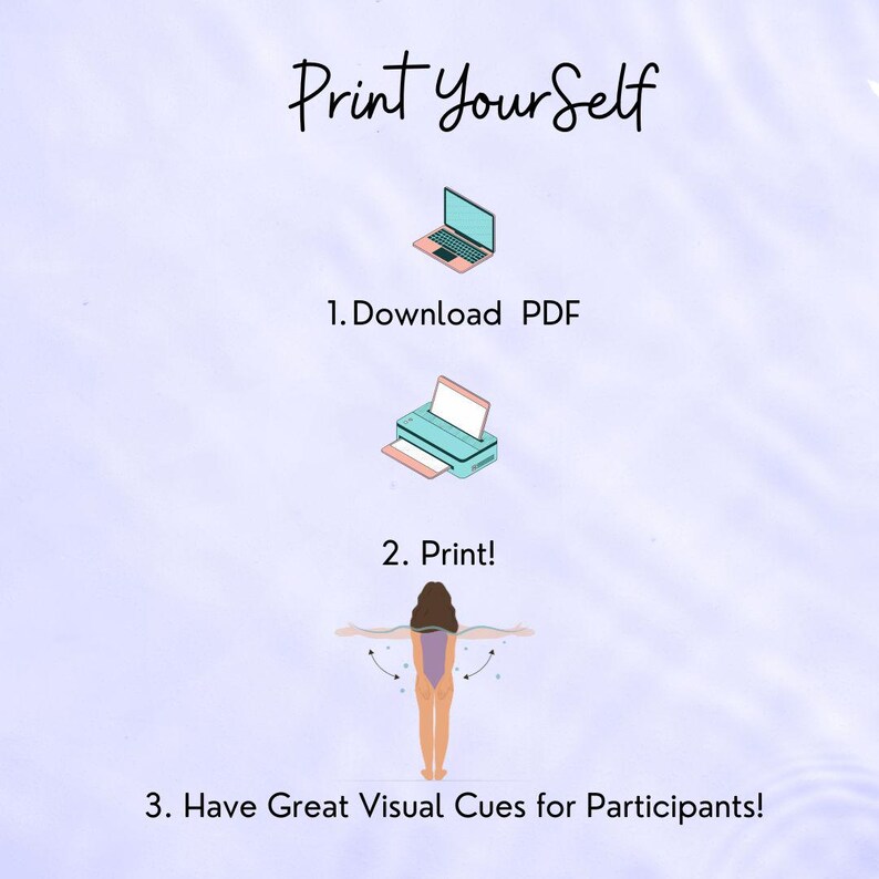 Light purple color with ripples that represent water or the texture of a pool. In the center of the slide is a simple banner with text that reads, print your self. Below the text is a visual flow chart of how customers can purchase on etsy - download PDF, print and have great visual cues for participants.
