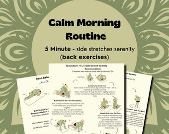 May include: Illustrated guide with instructions for a 5-minute side stretch serenity routine. The routine includes exercises like seated lateral cat cow, butterfly side forward fold, table top rainbows, seated bent knee cat cow, and table top side crunch. The guide is designed to help people stretch and relax their back muscles.