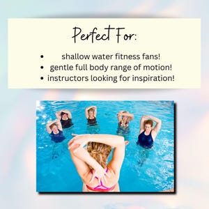 Pretty opalescence background with large banner in center of the slide that reads, perfect for shallow water fitness fans, gentle full body range of motion, and instructors looking for inspiration. Under this banner is a lifestyle image of a water aerobics instructor showing a group fitness class how to stretch their shoulders.