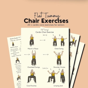 Puede incluir: Una guía de entrenamiento imprimible con ilustraciones de ejercicios de silla para personas mayores. La guía se titula "Flat Tummy Chair Exercises" e incluye ejercicios como "Marchar en el lugar", "Balanceo de pecho", "Balanceos por encima de la cabeza", "Golpes centrales" y "Salto de tijera".