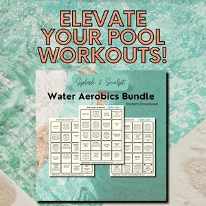 Image showing three workouts for the pool; titled "splash and sculpt" water aerobics bundle.