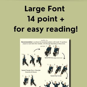 Plain green slide with a title that reads: large font 14 point + for easy reading. Under the title is a flat image of a page of the printable fitness guide for seniors.