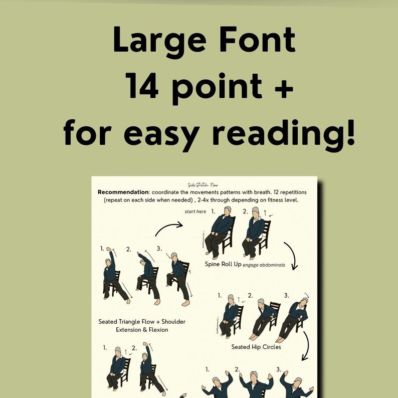 Plain green slide with a title that reads: large font 14 point + for easy reading. Under the title is a flat image of a page of the printable fitness guide for seniors.