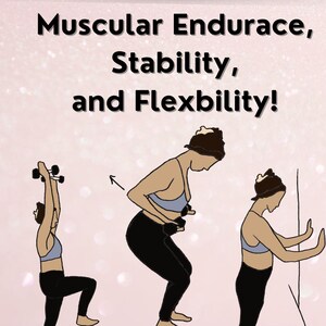 This slide shows 3 large illustrations of a women doing a workout - one doing an overhead march, one doing yogi squat, the other doing a wall pilates exercise. The illustrations are visually pleasing, simple, characterizations.