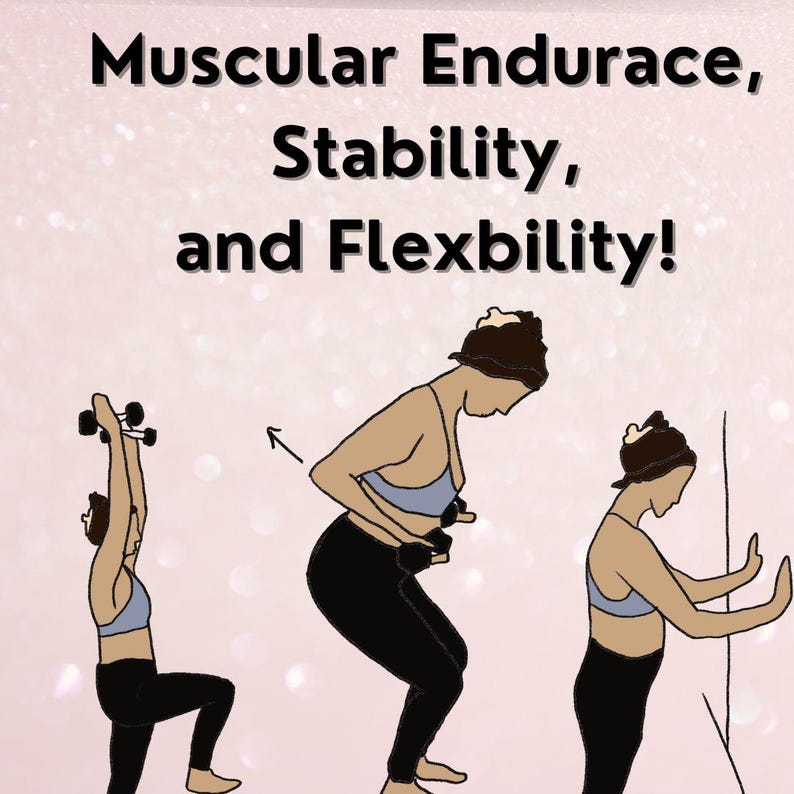 This slide shows 3 large illustrations of a women doing a workout - one doing an overhead march, one doing yogi squat, the other doing a wall pilates exercise. The illustrations are visually pleasing, simple, characterizations.