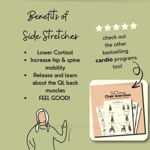 Plain green slide with a title that reads: benefits of side stretches - lower cortisol, increase hip and spine mobility, release and learn about the QL back muscles. There is also an arrow showing a small icon of another printable sold on Sparkly Waves etsy store.