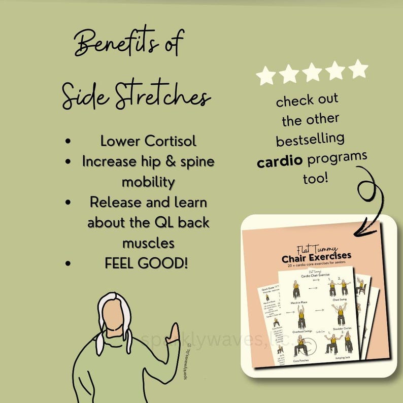 Plain green slide with a title that reads: benefits of side stretches - lower cortisol, increase hip and spine mobility, release and learn about the QL back muscles. There is also an arrow showing a small icon of another printable sold on Sparkly Waves etsy store.