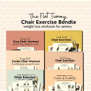 Könnte beinhalten: Das Flat Tummy Chair Exercise Bundle, Workouts zur Gewichtsreduktion für Senioren. Enthält sechs Übungsanleitungen: Core Chair Workout, Cardio Chair Workout, Cardio Sculpt Chair Exercises, Flat Tummy Chair Exercises, Super Strength Chair Exercise und Freedom & Flexibility Chair Exercises.