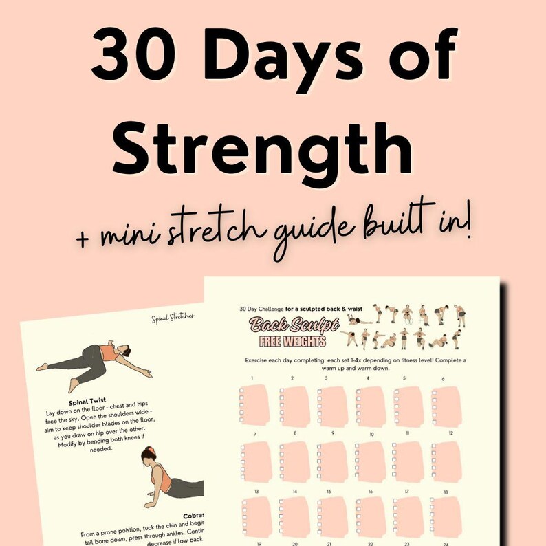 This slide has a title,"30 days of strength + mini stretch  guide built in" - with two pieces of paper under the title. The papers have colorful illustrations of women exercises.
