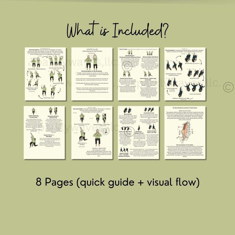 Plain green slide with a title that reads: what is included? Under the title is a flat images of 8 pieces of paper - each illustrated with text under each picture.