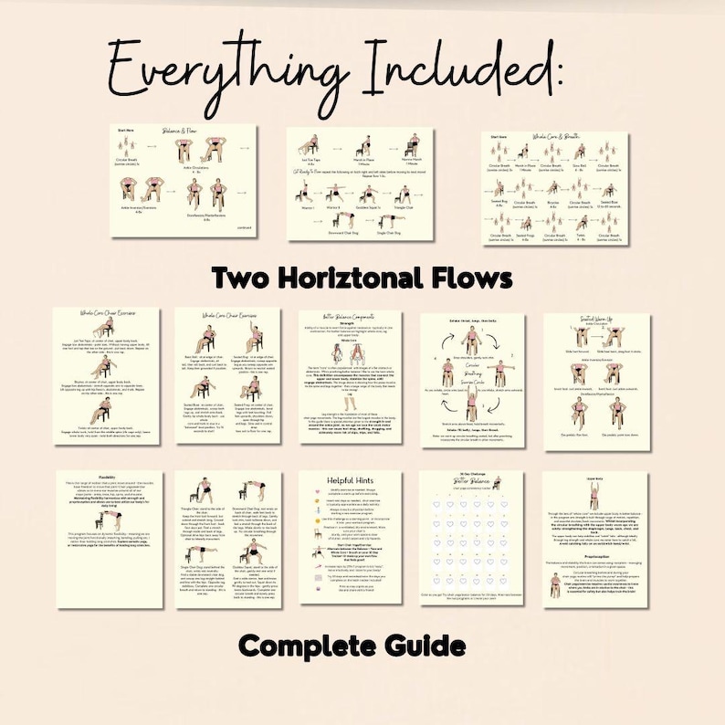 May include: A complete guide with the text "Everything Included:" and "Two Horiztonal Flows" and "Complete Guide". The guide contains illustrations of yoga poses and helpful hints. The background is a light beige colour.