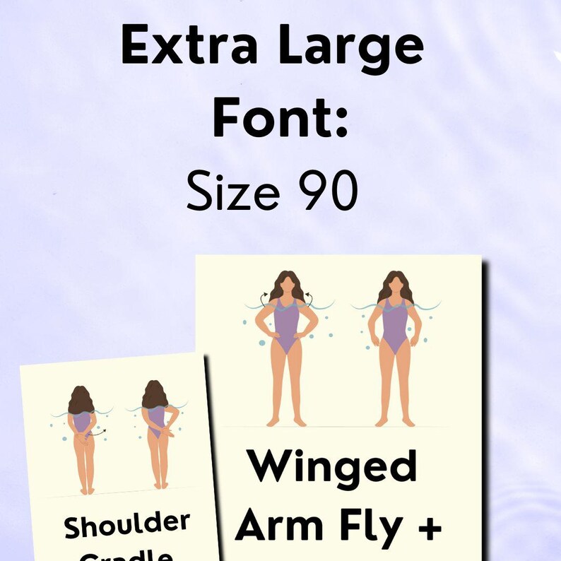 Light purple color with ripples that represent water or the texture of a pool. In the center of the slide is a simple banner with text that reads, extra large font of size 90. Under the text are two examples of the print at home images - they are large, with a shadow, simple illustrations and text. The images are simple - women in a purple bathing suit showing water aerobics fitness moves.