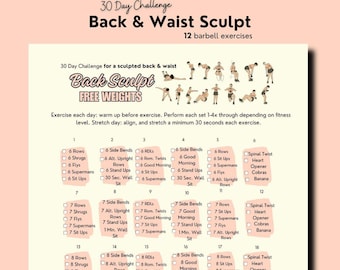 30 Day Challenge Slim Back Exercises, Barbell Exercises for Back, Free Weight Exercises for Women, Waist Sculpting Workouts, Abdominals, PDF