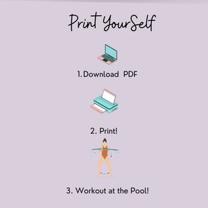 May include: A printable workout routine for the pool. The steps are: 1. Download PDF, 2. Print, 3. Workout at the Pool!