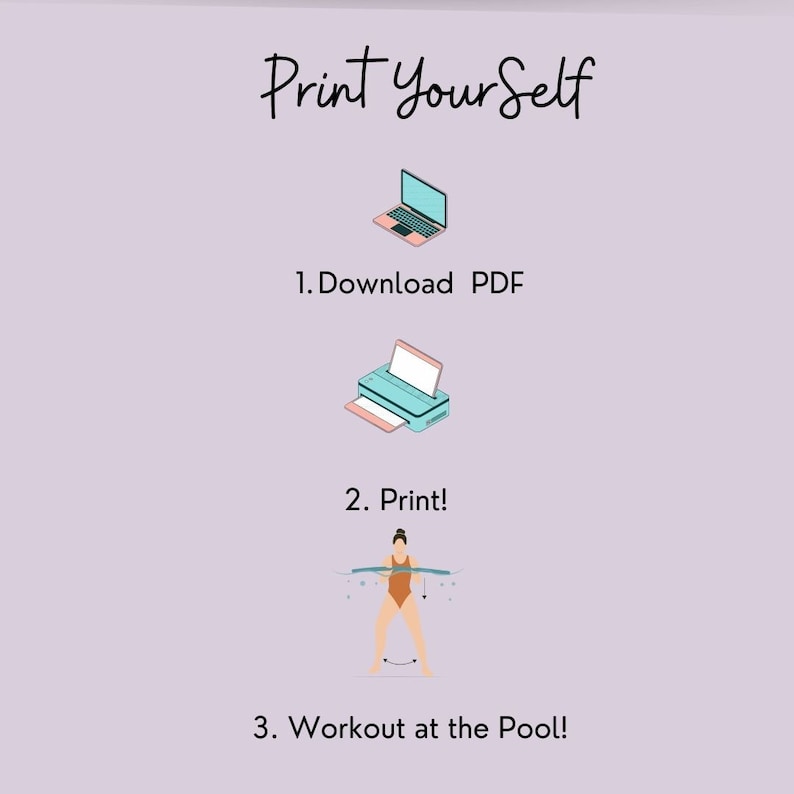 May include: A printable workout routine for the pool. The steps are: 1. Download PDF, 2. Print, 3. Workout at the Pool!