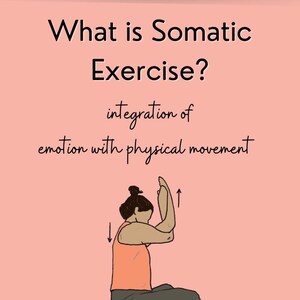 May include: A person demonstrates a somatic exercise, which is the integration of emotion with physical movement. The person is sitting with their arms raised, hands clasped, and elbows bent. Arrows indicate the direction of movement.