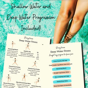 K&ouml;nnte beinhalten: Zwei illustrierte Diagramme mit Anweisungen f&uuml;r Deep-Water-Fitness-&Uuml;bungen. Das erste Diagramm tr&auml;gt den Titel "Strong Knees Deep Water Fitness" und das zweite Diagramm tr&auml;gt den Titel "Strong Knees Deep Water Fitness straight leg program for knee pain".