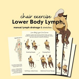 May include: A beige illustration with the text "chair exercise Lower Body Lymph manual lymph drainage & stretches." The image shows exercise diagrams and a person demonstrating the exercises. The diagrams include instructions for breathing, pumping, and massage.