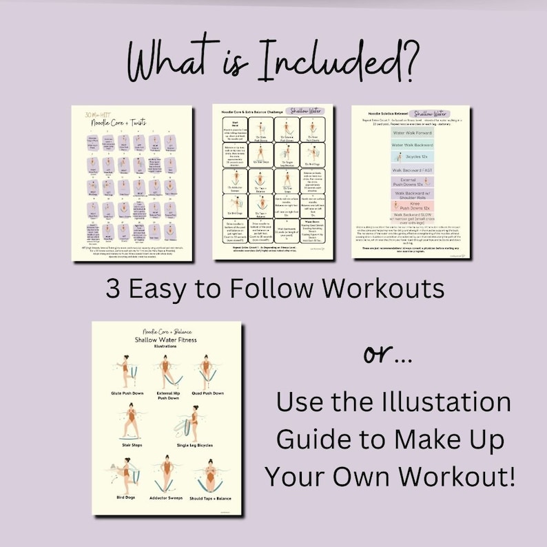 May include: A digital illustration of three workout routines for shallow water fitness. The routines include "Noodle Care & Twists", "Noodle Core & Balance Challenge", and "Shallow Water Fitness Illustrations".