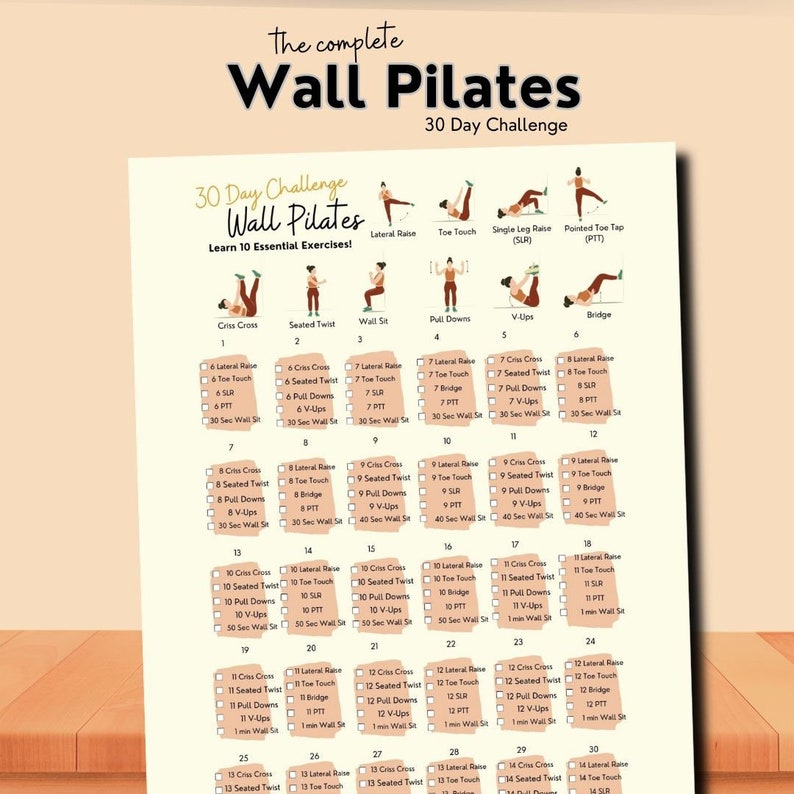 A title reads "the complete wall pilates 30 day challenge", with an image of one page printable. The images shows a women doing 10 different pilates exercises.
