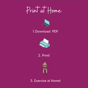 A flow illustration of how to buy printables on Etsy: download, print and exercise at home.