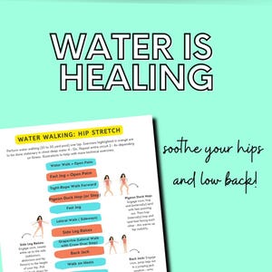 Puede incluir: El agua cura: Una gu&iacute;a imprimible con ilustraciones de ejercicios acu&aacute;ticos para estirar las caderas. Los ejercicios se resaltan en naranja e incluyen caminar en el agua, trotar r&aacute;pido, caminar en cuerda floja, salto de pato paloma, trotar r&aacute;pido, caminar lateralmente, elevaciones de piernas laterales, vid, jack trasero y caminar sobre los talones.