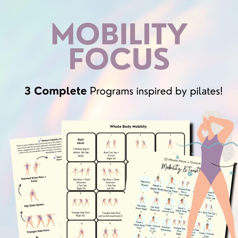 Pretty opalescence background with large banner in center of the slide that reads, mobility focus, 3 complete programs inspired by pilates. Under the text are some of the pdfs included in the bundle - they show a grid style layout with each box having a different water aerobics exercise depicted. The images are small, minimal text. To the side of the pages is another example of the illustrated water aerobics character doing a spine rotation.