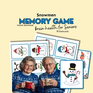 May include: A memory game for seniors featuring illustrated snowmen on flashcards. The game is designed for brain health and includes 18 flashcards. The image also shows an elderly couple holding mugs and wearing blue sweaters.