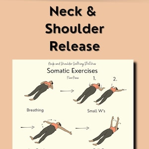 This slide is another close up of one of the printables included in the PDF bundle: this one shows a dark hair girl doing exercises on the floor. Title reads, "neck and shoulder release".