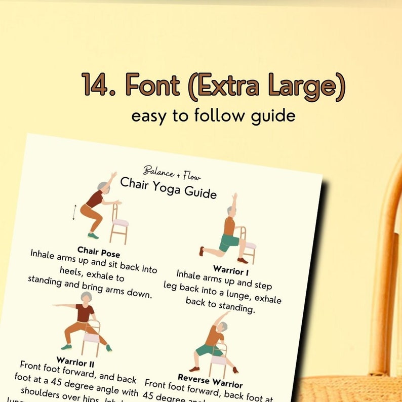 One image of seniors doing yoga with chair for balance - and a title that reads "14. Font.- extra large easy to follow guide".