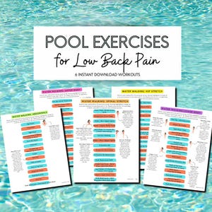 May include: Six printable workout sheets with instructions for water walking exercises to help relieve low back pain. The sheets are titled "Water Walking: Upper Body", "Water Walking: Abdominals", "Water Walking: Spinal Stretch", "Water Walking: Hip Stretch", and "Water Walking: Lower Body".