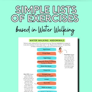 Puede incluir: Un gr&aacute;fico imprimible con una lista de ejercicios de caminar en el agua para los abdominales. Los ejercicios est&aacute;n ilustrados con figuras de palo y se resaltan en naranja. El gr&aacute;fico incluye ejercicios como rodillas altas, saltos de rana, cuerda floja, giros de rodilla opuesta al codo en su lugar, patadas de gl&uacute;teos hacia atr&aacute;s, vid, pierna recta, estocadas, despegues, caminar sobre los talones y caminar sobre los dedos de los pies.