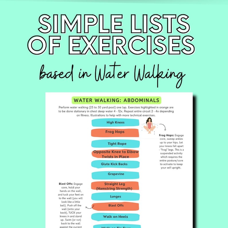 Puede incluir: Un gr&aacute;fico imprimible con una lista de ejercicios de caminar en el agua para los abdominales. Los ejercicios est&aacute;n ilustrados con figuras de palo y se resaltan en naranja. El gr&aacute;fico incluye ejercicios como rodillas altas, saltos de rana, cuerda floja, giros de rodilla opuesta al codo en su lugar, patadas de gl&uacute;teos hacia atr&aacute;s, vid, pierna recta, estocadas, despegues, caminar sobre los talones y caminar sobre los dedos de los pies.