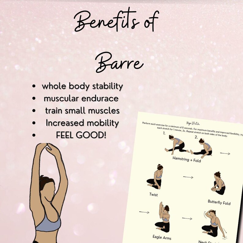 This informational slide shows a fitness PDF of a fit yoga lady doing stretches, there is also a list of benefits of doing a barre workouts, " whole body stability, muscular endurance ect"...