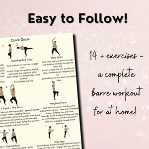 Title reads, "easy to follow" with a zoomed in look at one of the pages in the PDF guide. There are images (illustrations, simple characters) of a fit lady exercising, with descriptions written underneath.