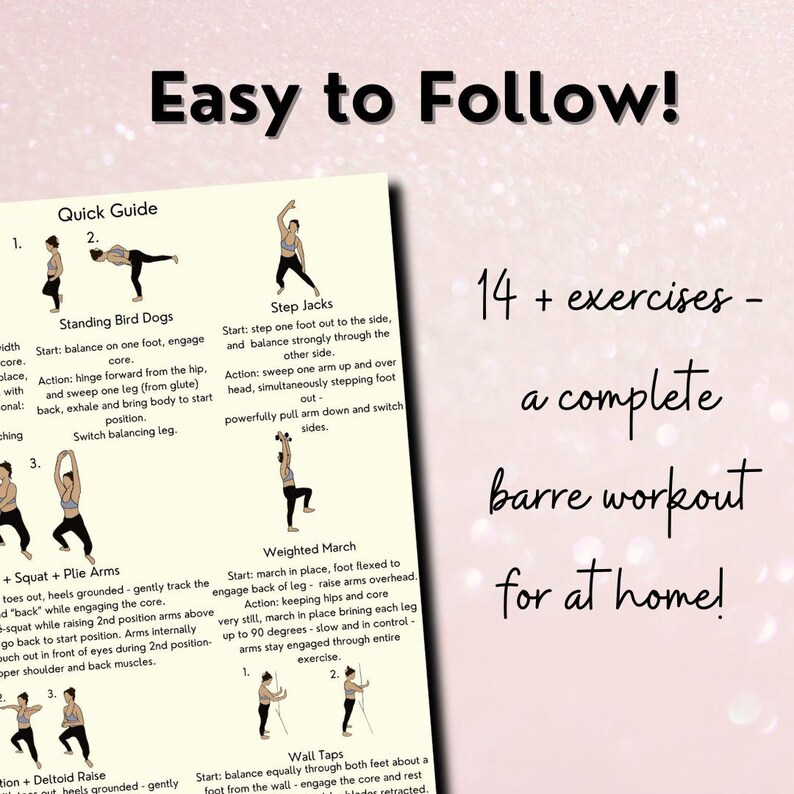 Title reads, "easy to follow" with a zoomed in look at one of the pages in the PDF guide. There are images (illustrations, simple characters) of a fit lady exercising, with descriptions written underneath.