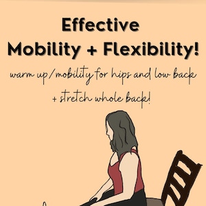 Women (gray haired, slim, senior) is doing a forward fold from a chair. Arching over the women is a title, "effective mobility and flexibility".