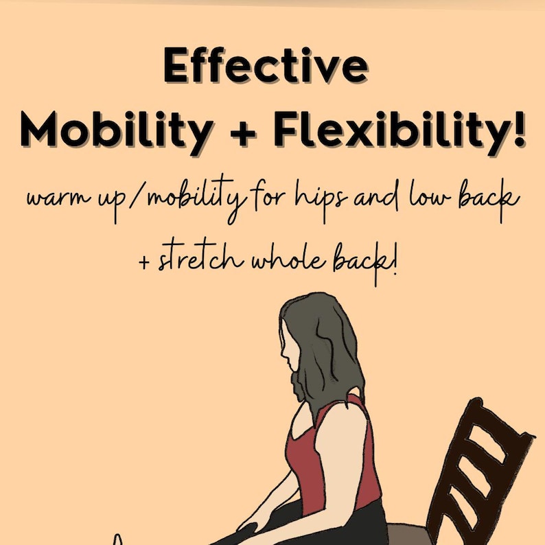 Women (gray haired, slim, senior) is doing a forward fold from a chair. Arching over the women is a title, "effective mobility and flexibility".