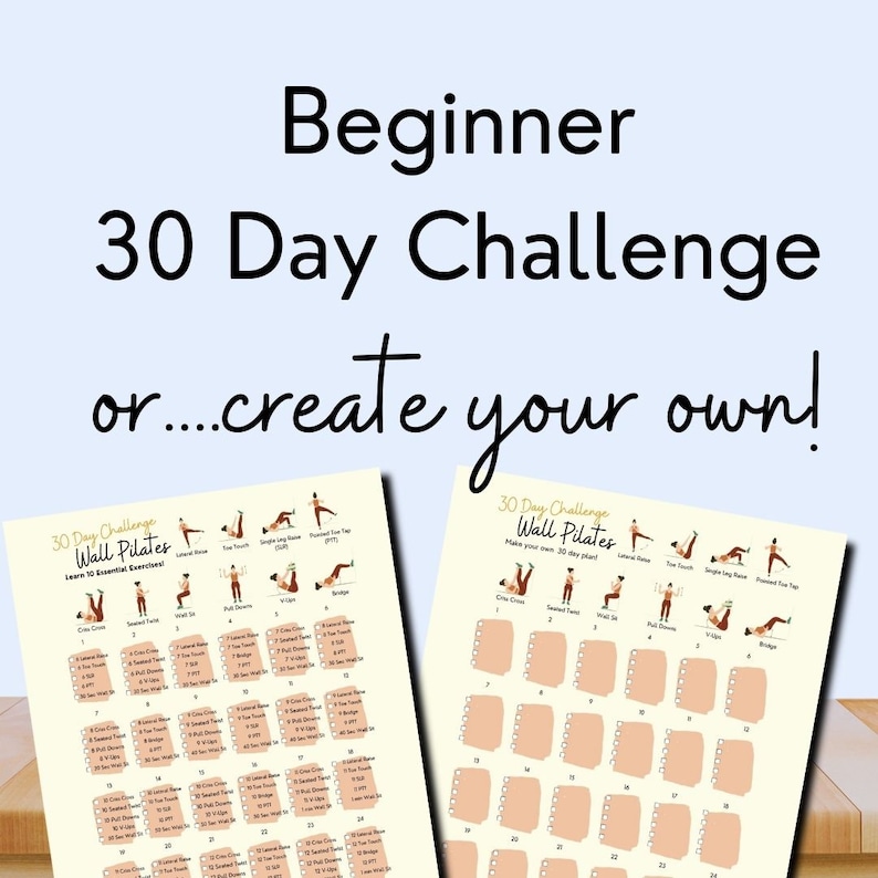 Infographic showing close up of two pages of the 30 Day Pilates Challenge.