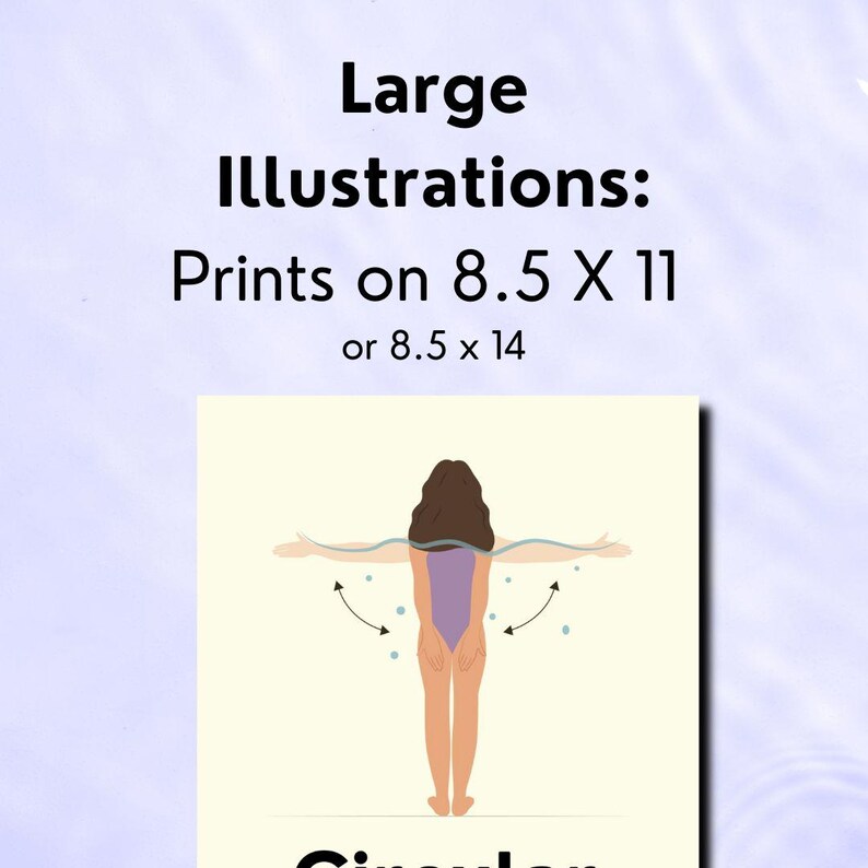 Light purple color with ripples that represent water or the texture of a pool. In the center of the slide is a simple banner with text with a large image on piece of paper under the text. The text reads large illustrations that print on 8.5x11 or 8.5x14. The image shows the back of a women doing a jumping jack like movement in the pool.