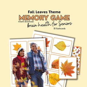 May include: A memory game with a fall leaves theme, designed for brain health for seniors. The game includes 18 flashcards featuring images of colorful autumn leaves. The image also shows a couple holding hands.