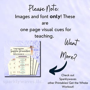 Light purple color with ripples that represent water or the texture of a pool. In the center of the slide is a simple banner with text that reads, please note - images and font only, these are one page visual cues for teaching. Under the text is a small cover listing that looks like a magazine cover for a different pool workout PDF available for purchase. It shows customers the full supple shoulder pool workout.