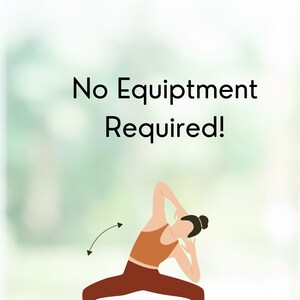 Image of women doing a side bend standing up. Title reads "No equipment needed".